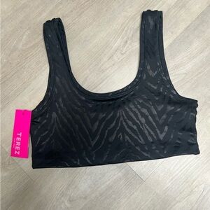 Terez Black Zebra Print Foil Sports Bra, size L NWT